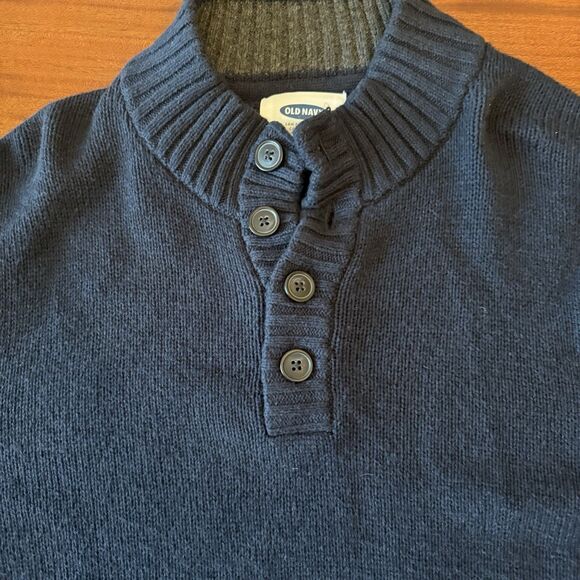 Old Navy Sweater Mens XL Blue Ribbed Knit Button Mock Neck Pullover Fisherman - Picture 2 of 8
